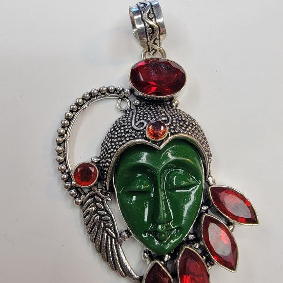 Sterling Silver Pendant with Green Carved Face and Red Garnet Accents - Picture 6 of 10